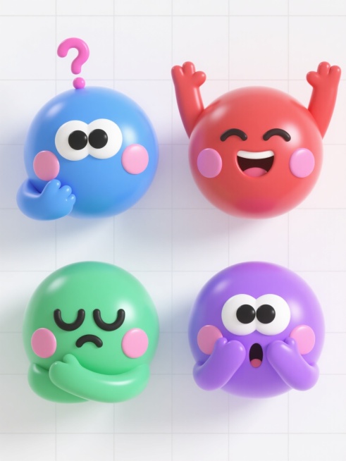 一套四个风格统一的3D卡通表情图标，每个图标均为圆形头部造型，具有光滑圆润的3D质感，高光泽表面，柔和的体积光效果，白色纯色背景，规整的网格排布。第一个图标为蓝色表情，睁着大大的白色圆形眼睛，黑色瞳孔，脸颊有粉色圆形腮红，一只手托着下巴，头顶有一个粉色的问号；第二个图标为红色表情，眼睛眯成月牙状，露出微笑，脸颊有粉色圆形腮红，双手举过头顶做出欢呼的姿势；第三个图标为绿色表情，眼睛紧闭，眉头微皱……预览效果
