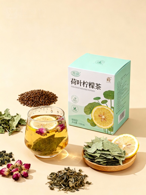 高端摄影海报，「荷叶柠檬茶」，米色背景，素材都集中在中间（边上不能有素材是超出花光的），所有素材都围绕着产品，，全部露出：
1. 主体核心：产品包装盒（视觉重心）
位置：画面中央偏右，突出立体度，产品预览效果