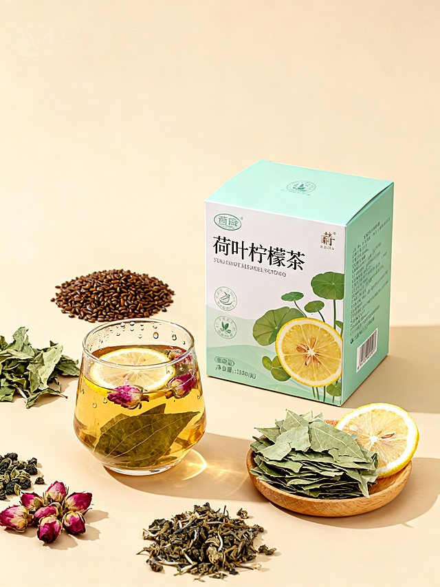 高端摄影海报，「荷叶柠檬茶」，米色背景，素材都集中在中间（边上不能有素材是超出花光的），所有素材都围绕着产品，，全部露出：
1. 主体核心：产品包装盒（视觉重心）
位置：画面中央偏右，突出立体度，产品最大
2. 周围布局：天然原料与饮用场景（强化「食材本味」）
左侧前景：一只玻璃杯杯，盛着浅琥珀色茶汤（液面泛着细微油光，符合中药茶的质感），杯底沉着几片荷叶干叶与柠檬干片和干玫瑰花苞，杯壁挂着几滴水珠。
包装盒右前方：一个木质小托盘装着散落干燥中药材（自然堆叠，无刻意摆放）——
一堆荷叶干片；一把柠檬片
左后方放着一堆决明子
左前方放着一些桑叶干，干玫瑰花苞，增加野趣。
多生成几张，比例 「3:4」