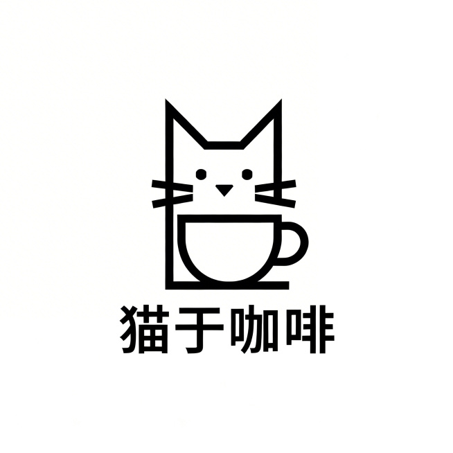 单色极简咖啡店logo，名称为“猫于咖啡”，将猫的形象和咖啡杯元素创意融合，采用几何线条构成，极简设计风格，纯黑白单色，无多余装饰元素，清晰易识别，适合咖啡店品牌使用预览效果