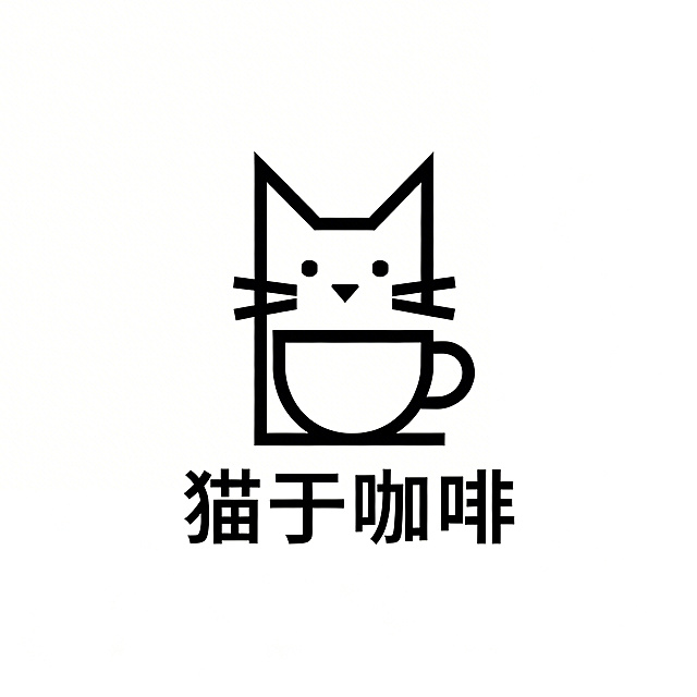 单色极简咖啡店logo，名称为“猫于咖啡”，将猫的形象和咖啡杯元素创意融合，采用几何线条构成，极简设计风格，纯黑白单色，无多余装饰元素，清晰易识别，适合咖啡店品牌使用