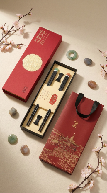 主体：参考图中宝石筷子礼盒套装合理放置
场景：极简中式美学布景（浅米色背景墙、几颗宝石点缀、浅粉色禅意花枝）
光影风格：柔和摄影棚侧光、干净阴影、低饱和度色调、商业广告级写实质感
视角：根据构图自由调预览效果
