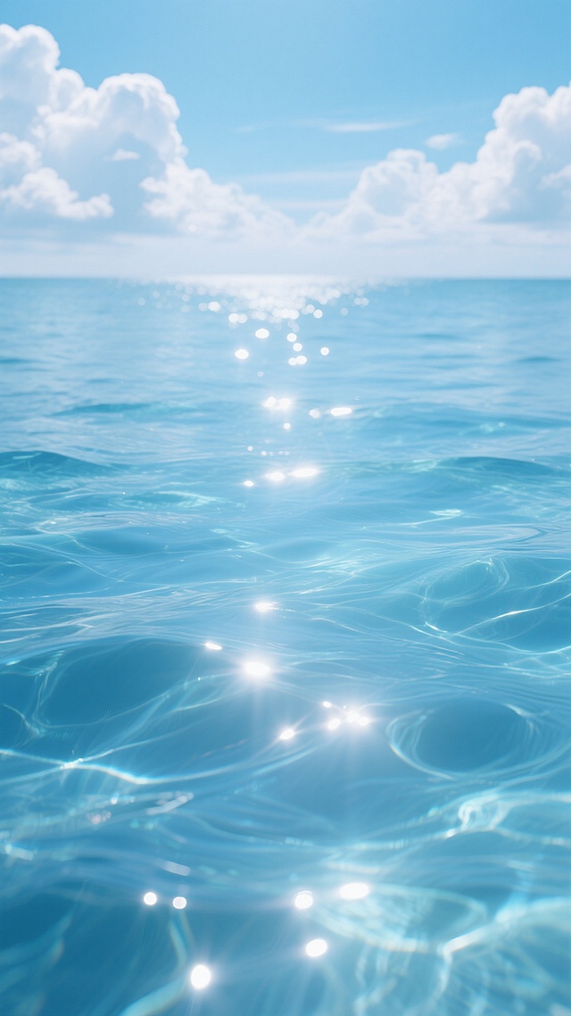 超写实风格的海面背景，清澈透明的渐变蓝色海水，水面波光粼粼，阳光透过海水形成明亮的光斑和折射纹路，远处海天相接，天空中漂浮着蓬松的白色云朵，整体画面呈现出宁静、通透、充满光泽感的氛围，光影效果细腻，色彩和谐统一，海水质感真实，波浪纹理自然流畅。