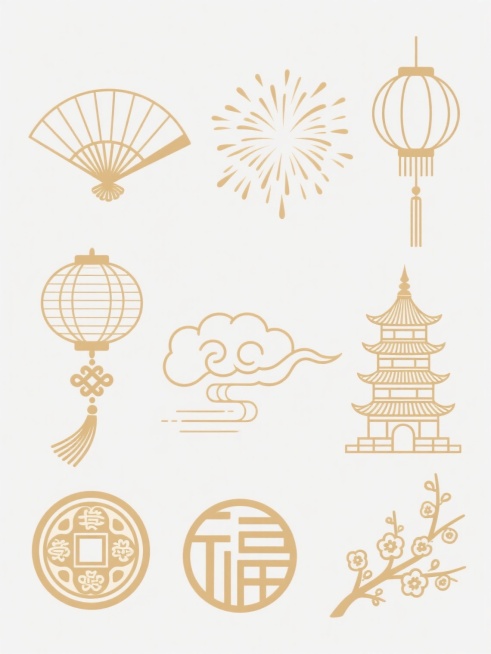 一组中国传统金色线条风格的装饰图案，包含扇形、灯笼、中国结、祥云、烟花、宝塔、古钱币、福字纹和梅花等元素，线条纤细流畅，呈浅金色，图案排列整齐，背景为纯白色，整体呈现简洁典雅的传统中国风设计感。预览效果