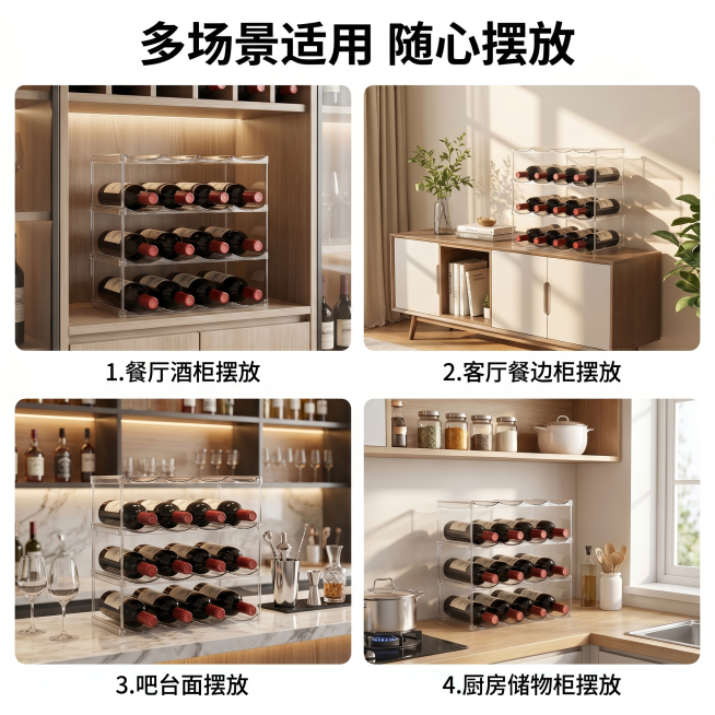 [主图 4] 透明亚克力红酒收纳架多场景适用展示图。
[氛围风格] 生活场景化展示，自然温馨；
[画质] 商业摄影质感、光线柔和通透、产品清晰真实、画面干净高级。
[元素] 采用四宫格排版展示多场景使预览效果