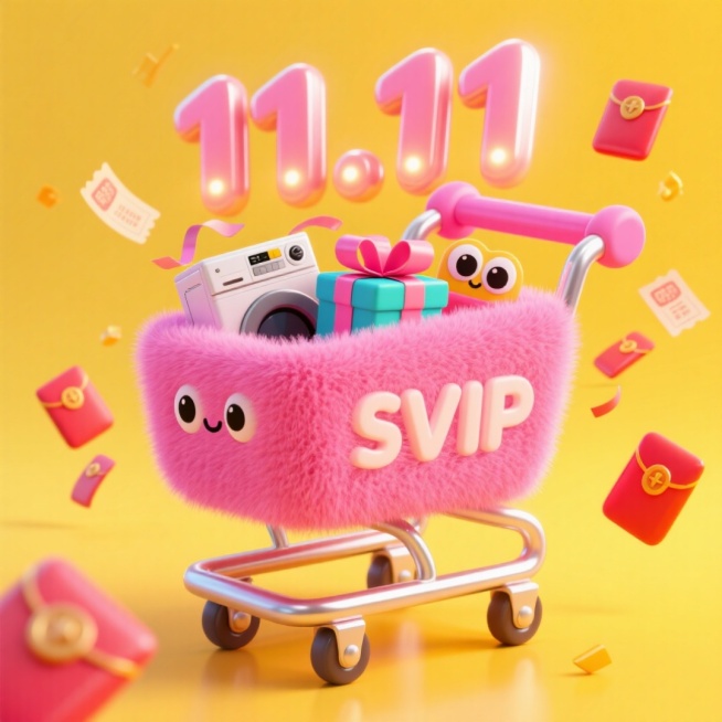亮粉色 “SVIP” 购物车，内装彩色礼盒和家电商品（带可爱大眼元素）、“11.11” 的立体字，周围点缀红包、优惠券，背景为黄色预览效果