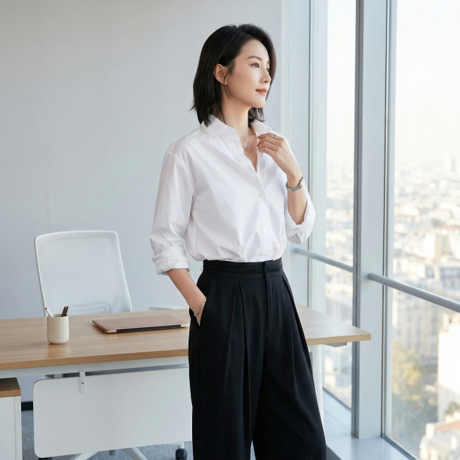 人物侧身站立，单手轻理领口，身体微侧，显肩线、显瘦、显利落。空间：浅灰色极简办公空间，干净落地窗，城市柔和光影，现代简约办公桌，整体干净高级、明亮通透，无杂乱元素，专业职场氛围。光线：柔和自然光从侧面预览效果