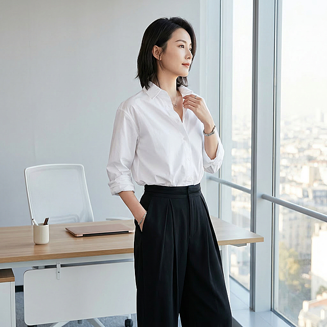 人物侧身站立，单手轻理领口，身体微侧，显肩线、显瘦、显利落。空间：浅灰色极简办公空间，干净落地窗，城市柔和光影，现代简约办公桌，整体干净高级、明亮通透，无杂乱元素，专业职场氛围。光线：柔和自然光从侧面洒入，均匀柔光，不刺眼，面部光线干净通透，衣服质感清晰，高级商业摄影光。细节：现代简约浅灰色办公空间，干净明亮的落地窗，柔和自然光从侧面洒入，墙面极简无杂物，搭配浅色系办公桌与白色简约办公椅，整体氛围干净、高级、专业，光线柔和均匀，无强烈阴影，呈现出清爽干练的职场氛围，背景虚化突出人物主体。风格：职场刚需 抗皱通勤衬衫,高级感通勤白衬衫,干练显瘦 职场必备衬衫,简约利落 职场气质衬衫,抗皱免烫 高品质通勤衬衫