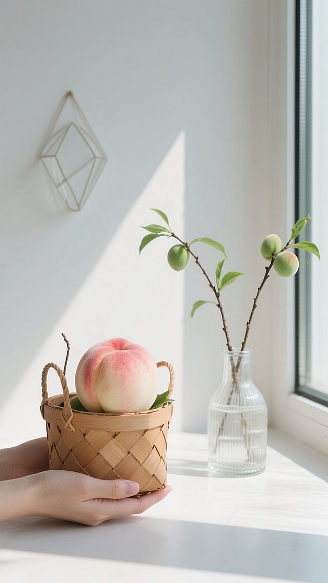 极简主义构图，一只纤细的手捧着浅棕色编织藤篮，篮中饱满的水蜜桃表皮泛着粉白渐变与自然红晕，果柄新鲜挺立。背景是纯净的象牙白墙面，墙面悬挂着几何切割的玻璃花瓶，瓶中插着三支嫩绿桃枝，枝桠间点缀着未成熟的青色小桃。午后阳光从右侧大面积玻璃窗斜射而入，在水蜜桃表面形成半透明的光晕，篮子投下简洁的菱形阴影，整体色调以象牙白为基底，粉桃色与青绿色形成雅致对比，画面干净通透，光线锐利而柔和。