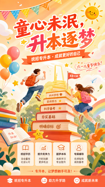 统招专升本行业六一儿童节主题海报，童趣风格，卡通书本和升学阶梯元素，主标题"童心未泯，升本逐梦"，暖色调，适合宣传招生，整体活泼喜庆设计预览效果