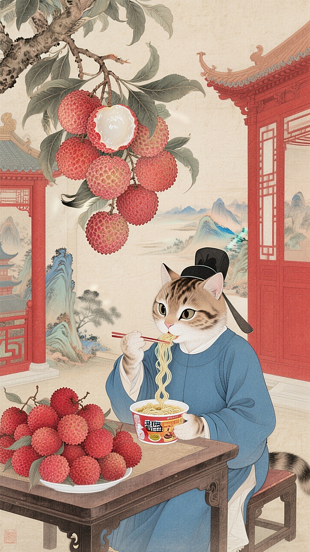 狸花猫穿着唐朝长安城小吏服（蓝色官服）在房间吃着泡面，桌上满满的荔枝