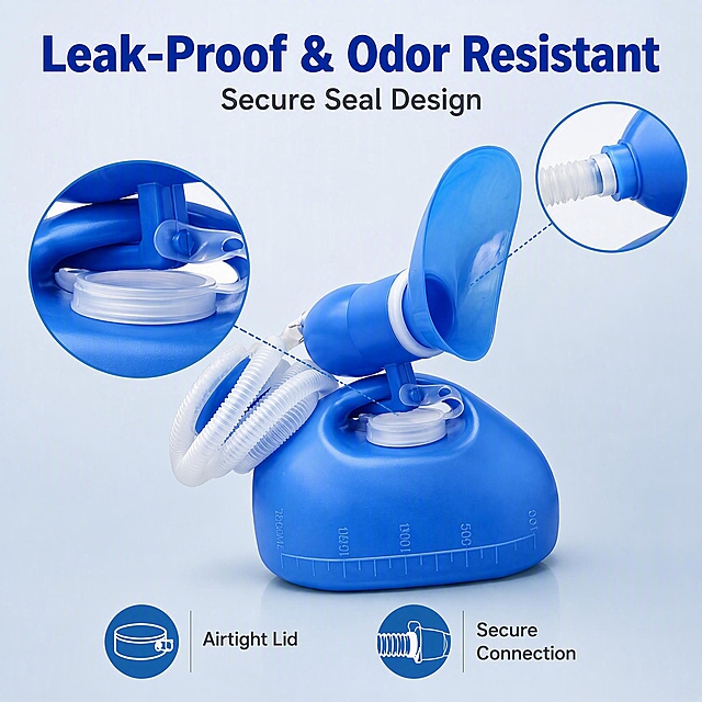 Amazon infographic style main image highlighting leak-proof and odor-resistant seal design. The blue urinal bottle with tube and female adapter centered on clean light gray-blue background. Keep product appearance exactly consistent with input product image. Focus on the sealed lid area and tube connection point. A magnified circular inset on the left zooms in on the lid seal, showing the tight sealing structure. Another small magnified inset on upper right shows the tube connection point with secure fitting. Top has bold English title "Leak-Proof & Odor Resistant" in deep blue, subtitle "Secure Seal Design" in dark gray below. Two feature icons at bottom: left icon of sealed lid with text "Airtight Lid", right icon of tube connector with text "Secure Connection". Soft clean studio lighting, crisp product details, hygienic and trustworthy feel. Color palette: light gray-blue background, product blue, deep blue title, gray subtitle. 1:1 ratio, ultra clear commercial photography, text sharp. Negative: deformation, text error, Chinese characters, blurry product, watermark, platform logo.