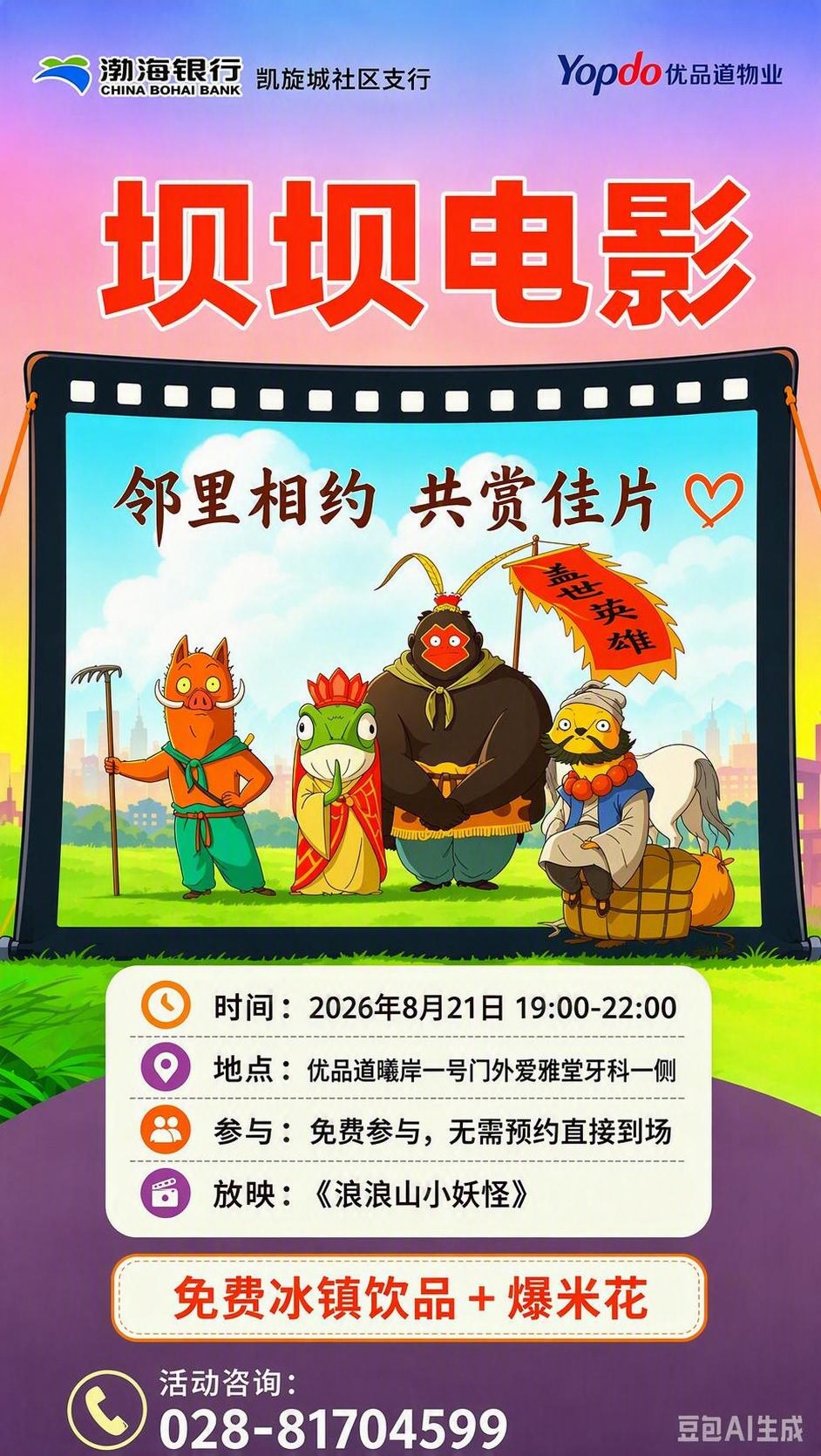 基于参考图修改：1. 将荧幕再放大一些；2. 把最右边坐在木桶… - 图片创意预览