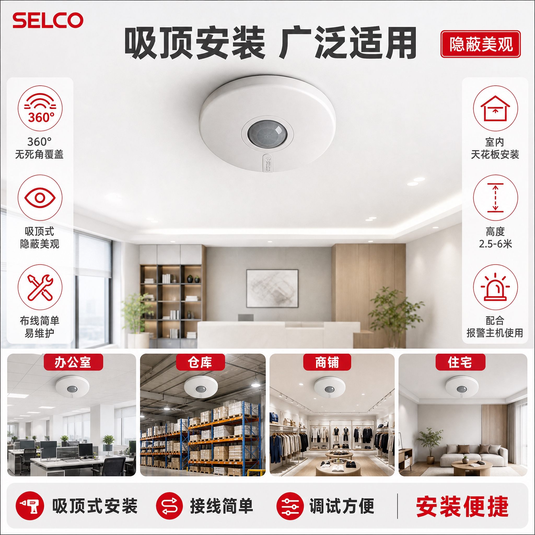 [主图-4] 适用场景与安装示意，展示吸顶探测器的安装环境和适… - 图片创意预览