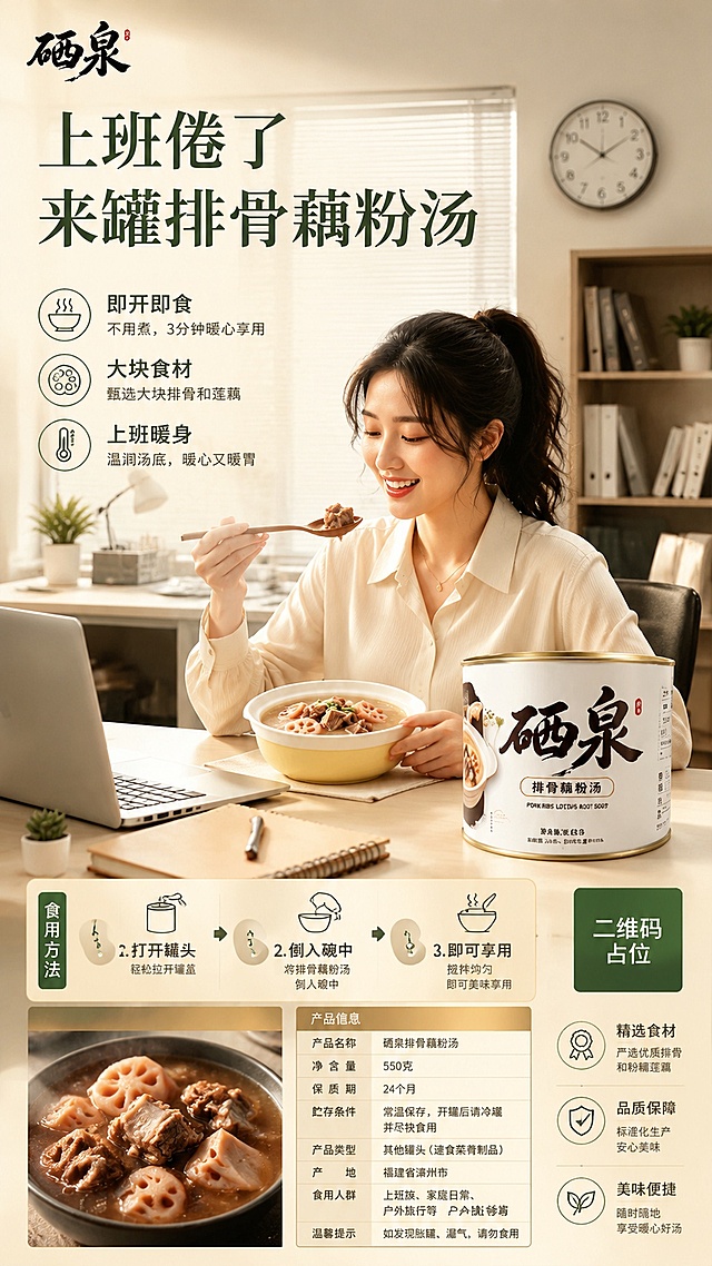 生成一张9:16比例的硒泉排骨藕粉汤电商海报，参考第三张图保持其版式骨架，上班办公室场景，自然温馨氛围，主标题文字为"上班倦了"，副标题文字为"来罐排骨藕粉汤"，卖点文字：即开即食、大块食材、上班暖身，品牌为硒泉。商品为前两张图中的排骨藕汤，100%还原上传商品图的产品外形、包装、颜色、材质，保持真实的食材质感。写实商业摄影风格，暖光温馨食欲感，干净整洁，文字清晰可读，版式精美。画面中所有二维码区域使用纯色方块占位符呈现，方块中央标注"二维码占位"文字，严禁生成任何可识别的二维码图案。画面中所有信息区域、套餐卡片、价格表格、权益列表、对比模块、福利条目、课程大纲、议程、嘉宾介绍区等必须填充完整合理的内容，不得出现空白框、空白占位、横线待填写区域、空列表项、空单元格；用户未提供具体内容时，基于海报主题和场景合理补全典型内容，确保是完整可用的成品海报而非待填写模板。画面中所有数字必须精确渲染，不得错位、遗漏或编造。