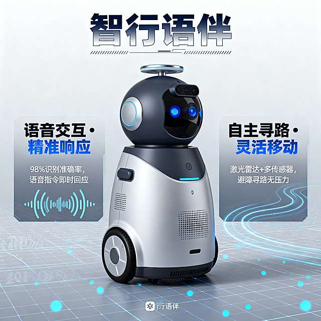 智行语伴宣传海报生成提示词
核心风格：未来科技风商业宣传海报，高分辨率（300dpi），视觉冲击力强，色彩协调统一，兼具科技感与传播性，适配线上推广、线下展会等多场景使用
主体元素：居中放置 “智行语伴” 人工智能机器人产品概念图（严格遵循产品外观设定：圆润流线型机身，上半部分深空灰、下半部分浅银灰，头部 360° 旋转摄像头 + 蓝色呼吸灯，顶部圆盘状激光雷达，底部万向轮，机身侧面传感器开孔），概念图占海报核心视觉区域（约 60% 版面），保持机身材质细节（磨砂阳极氧化铝合金、高透 PC 材质、康宁大猩猩玻璃）清晰可见，45° 斜前方视角呈现，突出产品立体感与科技质感。
产品名称：海报顶部居中位置，以醒目科技感字体呈现产品名称 “智行语伴”，字体颜色为深空蓝 + 浅银灰渐变，字间距适中，字体加粗，下方搭配细线条装饰，整体与产品配色呼应，确保远距离可快速识别。
核心功能展示（2 个重点突出）：
左侧功能模块：以 “语音交互・精准响应” 为标题（科技蓝字体，加粗），下方配简洁文字说明 “98% 识别准确率，语音指令即时回应”，视觉辅助元素为浅蓝色声波可视化图形（环绕文字左侧），整体设计简洁直观，与产品语音交互功能呼应。
右侧功能模块：以 “自主寻路・灵活移动” 为标题（科技蓝字体，加粗），下方配简洁文字说明 “激光雷达 + 多传感器，避障寻路无压力”，视觉辅助元素为浅蓝色路径光效图形（环绕文字右侧），与产品移动功能形成视觉关联。
两个功能模块对称分布于产品概念图两侧，尺寸一致，风格统一，不遮挡产品主体。
背景设计：采用浅灰渐变底色，叠加低透明度（20%）的科技网格线条与分散蓝色光点，模拟数字信号传播效果，背景无杂乱元素，突出产品与核心信息，整体色调以蓝、灰、银为主，契合科技产品定位。
补充细节：海报底部可添加小型品牌标识（简约风格，不抢主体），整体布局疏密有致，文字与图形比例协调，色彩饱和度适中，避免过度花哨，确保核心信息（产品名称、功能亮点）优先传递给观众