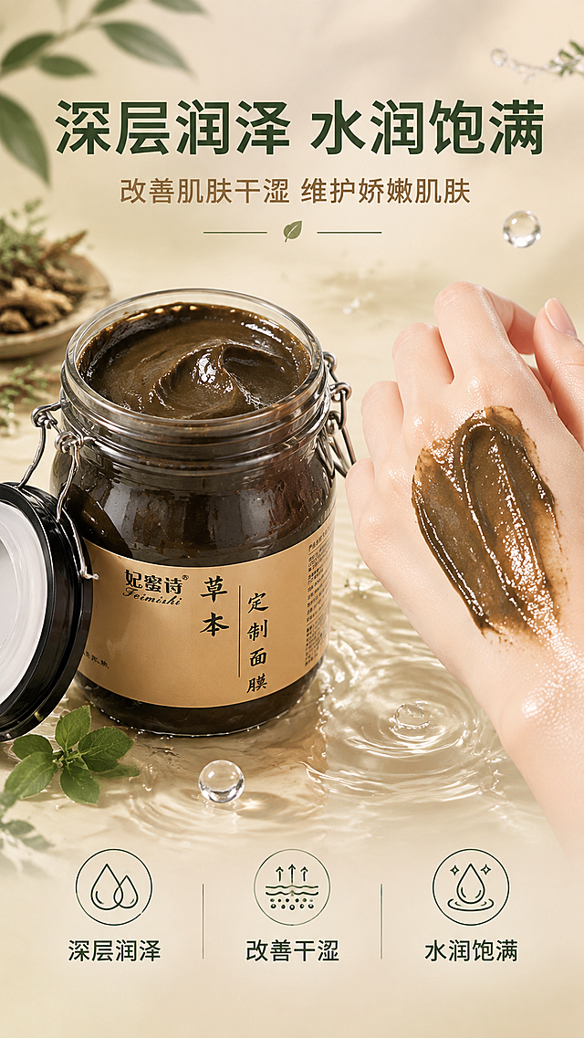 [主图-3] 功效展示主题，突出草本面膜深层润泽、提升水润饱和度的使用功效，展示质地与肤感效果。
[统一基调] 整体风格为东方草本温润高级感，背景主色为温润米杏色与深草木绿渐变，标题字色为深草木绿，辅助字色为暖棕色，强调色为金棕色，字体样式为干净非衬线体，字号层级分明，卡片与图标采用细线描边与柔和圆角样式。
[画面] 画面左侧放置产品罐身，侧面45度角展示，占画面约40%，罐身打开，盖子放在旁边，露出内部深褐色细腻的草本面膜膏体，膏体表面有自然的光泽与细腻纹理。画面右侧展示一只女性手部特写，手背上涂抹了一层薄薄的草本面膜，展示膏体细腻质地与延展性，手部皮肤水润有光泽。背景是柔和的米杏色背景，带有水波纹与晶莹水滴元素点缀，营造水润润泽氛围。画面下方有三组功效图标，分别对应深层润泽、改善干涩、水润饱满，图标为简约线条风格。
[光影质感] 商业摄影质感，柔光布光，主光柔和均匀，膏体质地细腻有光泽，手部皮肤真实自然，水润感强，整体画面通透干净有高级感。
[配色] 主色米杏色与深草木绿，辅助色暖棕色，水滴元素为透明淡蓝色点缀。
[文字版式] 画面顶部大标题：深层润泽 水润饱满，深草木绿色，字号最大最粗。标题下方辅助文案：改善肌肤干涩 维护娇嫩肌肤，暖棕色，字号约为主标题的50%。画面底部三组功效文字分别对应图标下方，深草木绿色。文字均放在负空间，不遮挡产品与手部。
[输出要求] 比例9:16，文字清晰可读，产品清晰完整，手部自然真实，膏体质地清晰，无变形，无错字，无模糊，无杂乱，无水印，无平台Logo。