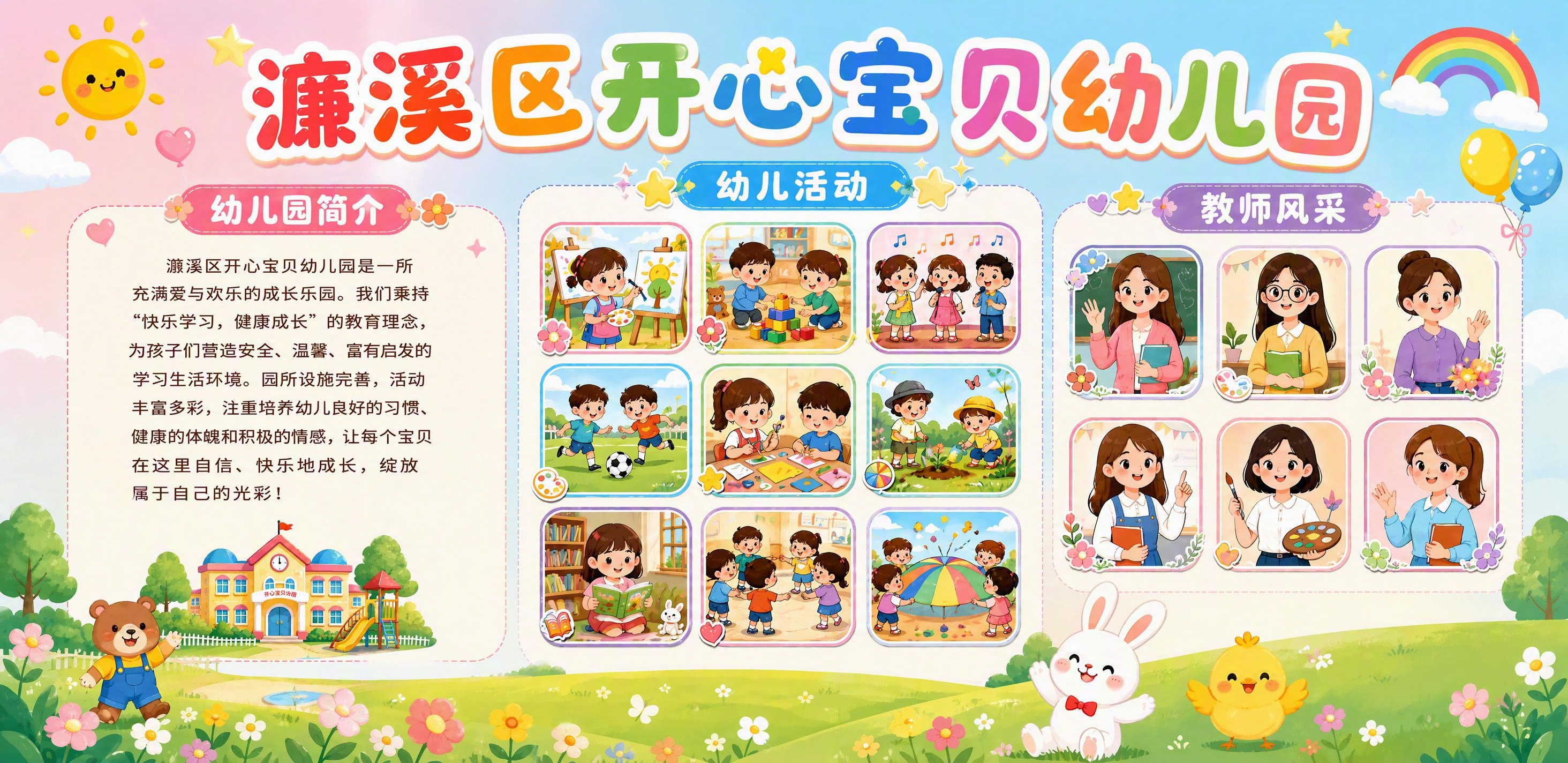 修改这张幼儿园宣传海报：1. 将顶部主标题文字改为"濂溪区开心… - 图片创意预览