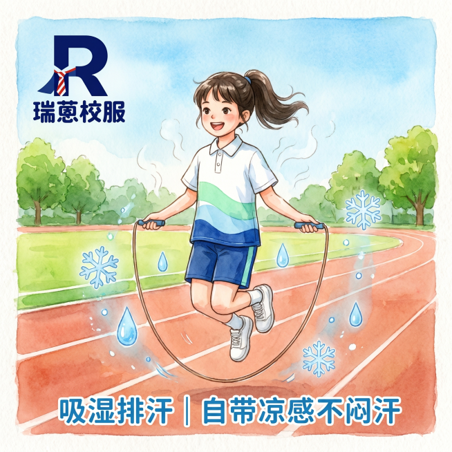 小学语文插画风格，一名女生穿着三水标准款校服：白色翻领polo短袖，正面带有浅绿浅蓝深蓝波浪渐变条纹，搭配深蓝色短裤，在操场正在进行单人跳绳运动，正确的瑞蒽LOGO（深蓝色R字母配红白条纹领带，下方带预览效果