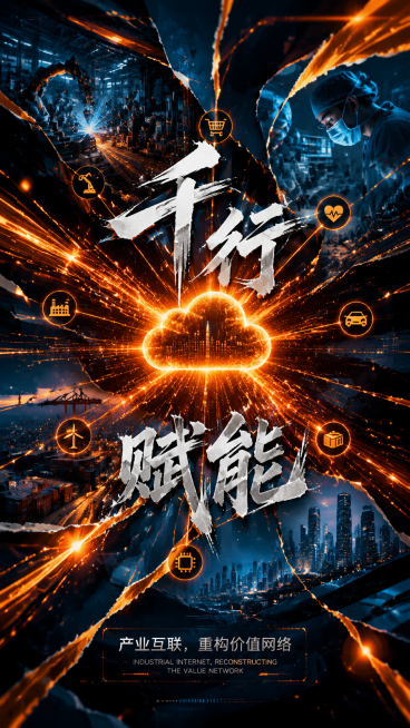 未来科技海报，采用多图层叠加的撕裂式拼贴设计。中心的数字云爆裂成多股活力橙的数据流，链接代表不同产业的极简图标。这些图标与真实的产业场景照片如工厂、医院以半透明、错位撕裂的方式叠加。背景是流动的橙色光预览效果