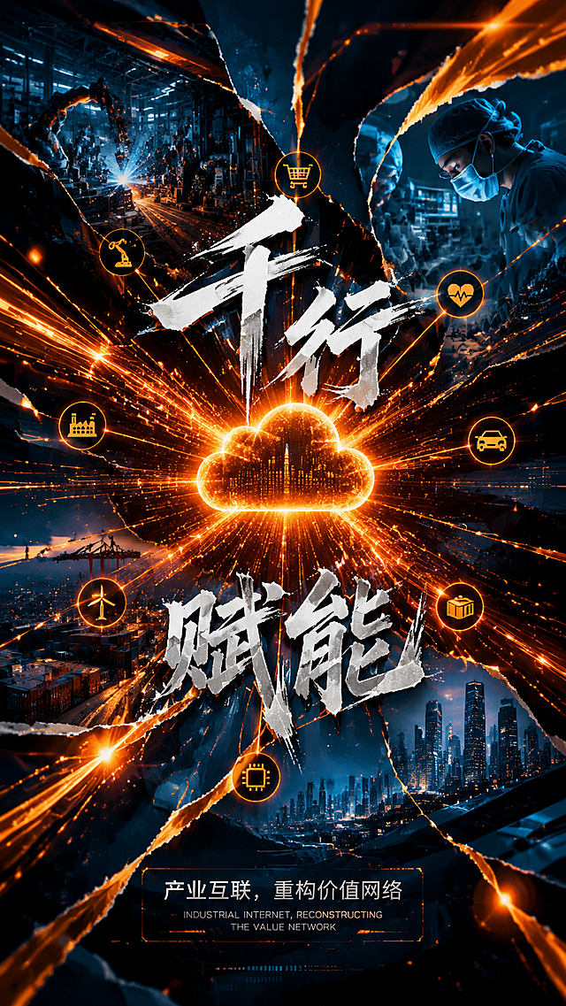 未来科技海报，采用多图层叠加的撕裂式拼贴设计。中心的数字云爆裂成多股活力橙的数据流，链接代表不同产业的极简图标。这些图标与真实的产业场景照片如工厂、医院以半透明、错位撕裂的方式叠加。背景是流动的橙色光线与深邃的深空蓝交织。电影级光影，高对比度，8K超高清。画面中穿插着撕裂效果的艺术字："千行赋能"，底部小字："产业互联，重构价值网络"，底部小字设计感强不呆板，带有未来科技感