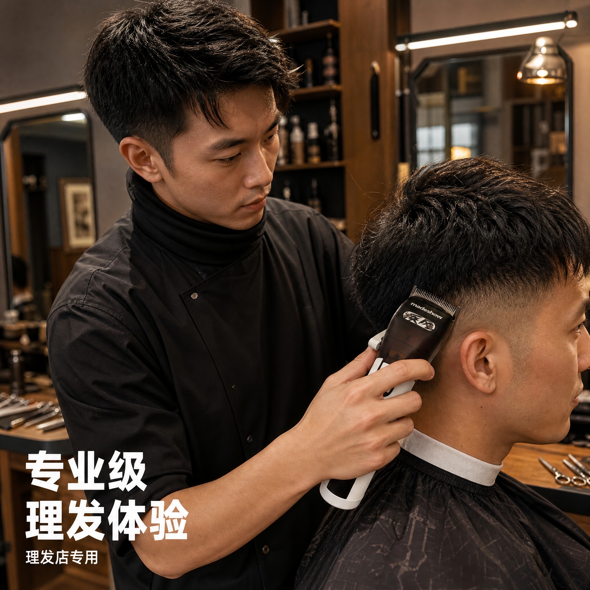 [主图-4] 真实使用场景图，展示专业理发师手持理发器在理发店… - 图片创意预览