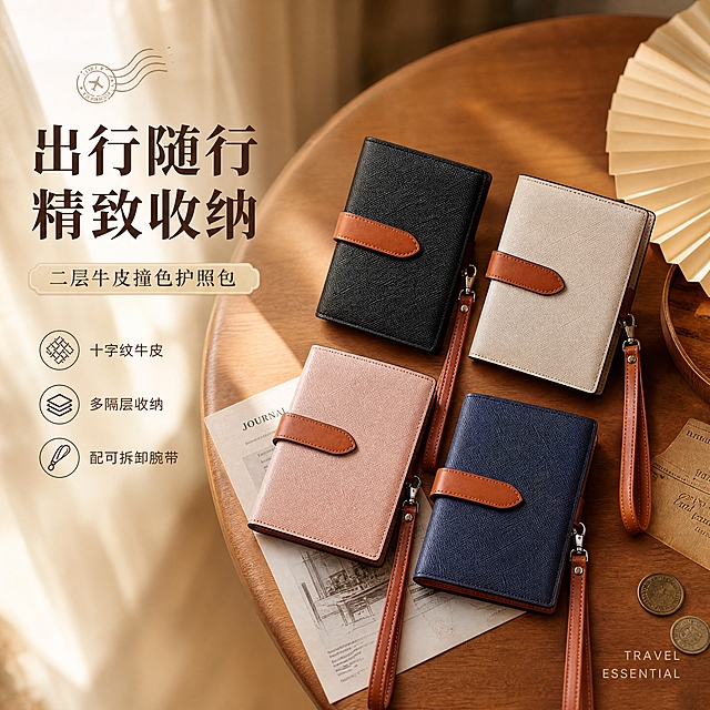 [商品] 使用【图1】四色护照包全家福（米白、宝蓝、粉色、黑色）；商品处理：保留十字纹皮面、棕色搭扣、棕色腕带、包型比例、缝线、五金扣和四色外观；自然理顺皮面纹理，增强十字纹肌理、缝线立体感和五金高光，不改变版型、颜色和结构。
[画面] 目标：风格头图，建立轻复古通勤质感与多色第一印象。构图：左文右图，右侧四色护照包错落摆放在暖木桌面上，左侧留白放标题；主体占画面60%，前景散落杂志页、复古硬币和纸扇小道具，中景为护照包主体，后景虚化暖木桌与米色窗帘；暖光从左上斜射，形成柔和投影；阅读动线从左上标题到右侧产品。
[视觉] 套系策略：风格=轻复古杂志风皮具商业摄影；标题字=复古衬线粗体+英文无衬线副标；正文字=简洁无衬线体；主色=焦糖棕；背景延展=基于焦糖棕做深浅层级、暖木色渐变和细腻纸张/皮革质感；强调色=米杏色，仅用于小面积图标、引线和标签底衬；标题色=深棕褐；正文色=暖中灰；组件=圆角浅棕信息卡、细棕线引线、复古标签；光影=左上暖柔光，柔和投影。
[文字] 左上区域主标题「出行随行 精致收纳」，副标题「二层牛皮撞色护照包」，下方3个短卖点：「十字纹牛皮｜多隔层收纳｜配可拆卸腕带」；右下角小号英文装饰「TRAVEL ESSENTIAL」；文字不遮挡包身主体和搭扣细节。
[规格] 图片比例1:1，4K，medium；避免变形、错字、文字过小、冷蓝背景、包型失真、颜色改变、白底孤立。