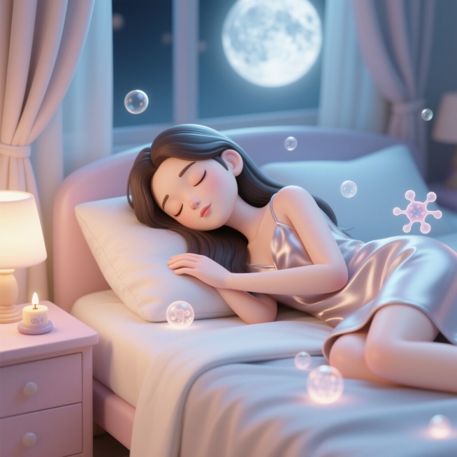 趣味3D插画风格，C4D渲染，OC渲染，Blender建模，柔软光线，马卡龙色系，泡泡玛特盲盒质感，光滑黏土材质，影棚打光，8k分辨率，超细节，一位温柔优雅的年轻女性，长发披散，穿着丝质睡衣，侧卧在温预览效果