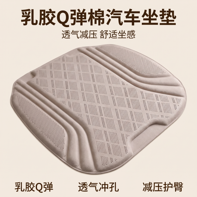 模仿详情页的版式和风格生成乳胶Q弹棉汽车坐垫主图，保持产品外观（即物理结构、材质质感、颜色）与输入产品图https://0.jpg绝对一致，杜绝任何变形和色差，精细化处理。整体风格参考详情页的简约干净预览效果