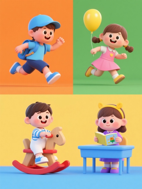 四个不同幼儿园元素内容的系列素材集合，每个素材均为3D渲染风格的可爱卡通幼儿形象，采用规整排布方式。第一张：一个戴着蓝色帽子、穿着蓝色短袖和深蓝色短裤的小男孩，背着蓝色书包，张开双臂欢快奔跑，纯色橙色背景；第二张：一个扎着双马尾、穿着粉色连衣裙的小女孩，手里拿着一个黄色的气球，面带微笑向前跳跃，纯色绿色背景；第三张：一个穿着白色背带裤、蓝色条纹上衣的小男孩，坐在一个红色的小木马上面，双手握着木……预览效果