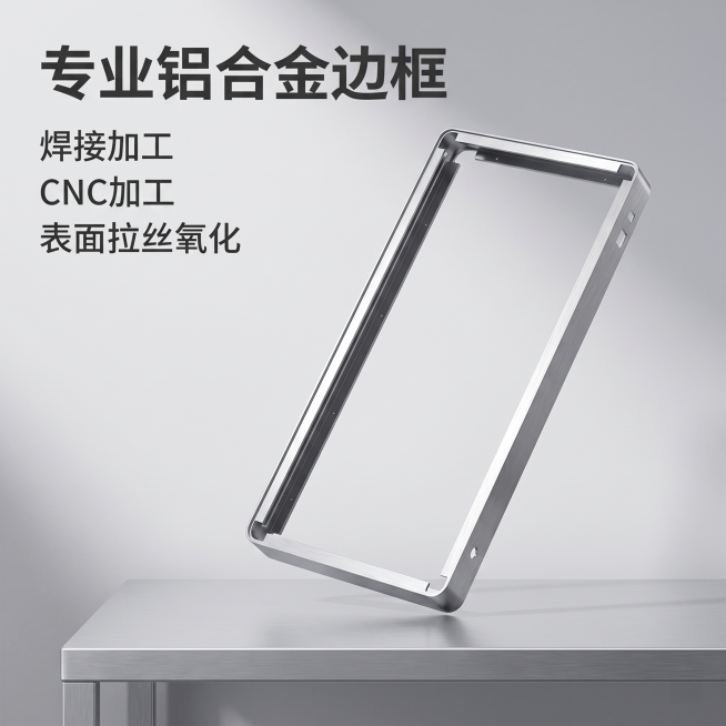 [主图 1] 铝合金边框产品首图，浅金属工作台悬浮陈列。
[氛围风格] 专业硬核工业五金风，B端源头工厂质感；
[画质] 商业摄影质感、光线柔和通透、产品清晰真实、画面干净高级。
[元素] 铝合金边框预览效果