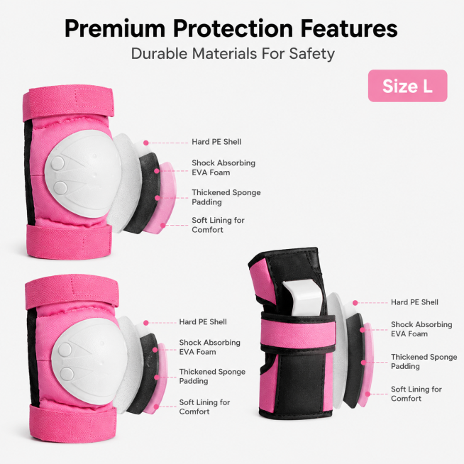 Core product features page for pink adult size L protective gear set. Amazon square detail image 800预览效果