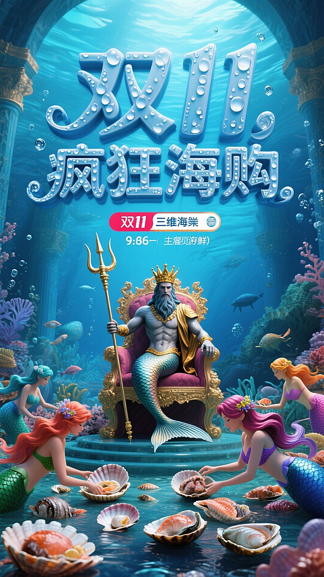 这是一张 9:16 比例的海底宫殿海鲜主题促销图。水珠形式的3D文字广告牌“双11疯狂海购”作为主体，画面以海蓝色为主调，呈现复古3D 风格。中央是手持三叉戟的波塞冬，鱼尾人身造型，头戴金冠坐在华丽宝座上，下方是各种颜色的美人鱼在挑贝壳里的海鲜