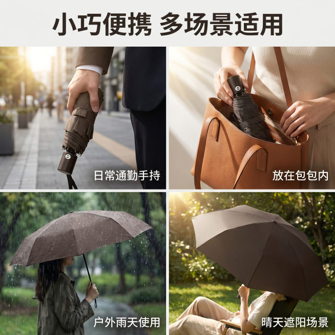 [主图 4] 三折黑胶晴雨伞多场景适用展示。
[氛围风格] 生活化场景拼接，真实自然代入感
[画质] 商业摄影质感、光影统一、清晰真实、画面干净高级。
[元素] 四格宫格展示产品不同使用场景：左上日常预览效果