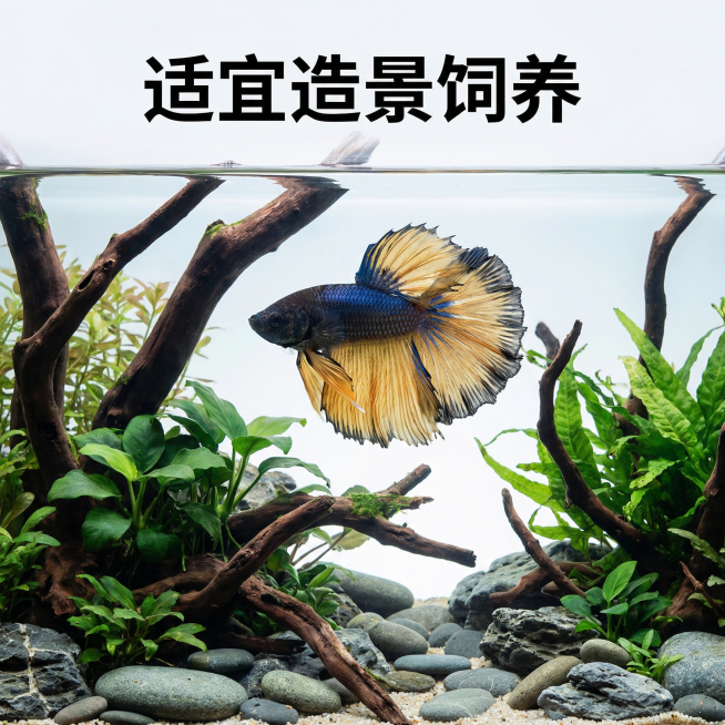 [主图 6] 斗鱼造景展示主图
[氛围风格] 中式造景，国风意境，自然真实。
[画面元素] 商业摄影质感、光线柔和通透、产品清晰真实、画面干净高级。斗鱼置于中式水草造景鱼缸中，保持斗鱼外形与原图一致，预览效果