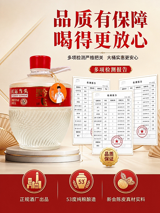 [商品] 使用【图1】黔飞红运当头53度3L大桶装白酒；保留瓶身、标签、吊牌等所有原貌元素；产品置于画面左侧，占比约40%。
[画面] 目标：品质保障页，突出多项检测报告与放心购买理由。构图：左右分栏型，左侧产品主体正面展示，略仰视；右侧为检测报告与品质认证展示区，2-3份检测报告文件错落叠放，报告上有公章、检测项目表格等元素（通用化设计，不虚构具体机构）；背景为干净的浅米色+淡金色几何线条，专业严谨；阅读动线从左产品向右品质证据移动。
[视觉] 套系策略：风格=中式酱香酒商业摄影，暖调氛围感；标题字=粗黑体带中式衬线，稳重有力；正文字=简洁黑体；主色=中国红+暖金；背景延展=基于红金做深浅层级、浅米底色、金色细线装饰；强调色=暖金色，仅用于小面积图标、引线、标签和高光；标题色=中国红；正文色=深棕灰；组件=圆角红底金边信息卡、细线金色引线、印章式认证标签；光影=正面均匀暖柔光，产品和报告均清晰明亮，阴影柔和。
[文字] 右上主标题："品质有保障 喝得更放心"，副标题："多项检测严格把关 大桶实惠更安心"；右侧报告区上方标注"多项检测报告"；下方3个品质卖点icon："正规酒厂出品""53度纯粮酿造""新会陈皮真材实料"；所有文字横排，报告区域文字模拟真实检测表样式但不虚构具体数据和机构名。
[规格] 图片比例3:4竖版，4K分辨率，避免变形、错字、文字过小、冷蓝背景、检测报告虚构具体机构公章、产品比例失调。