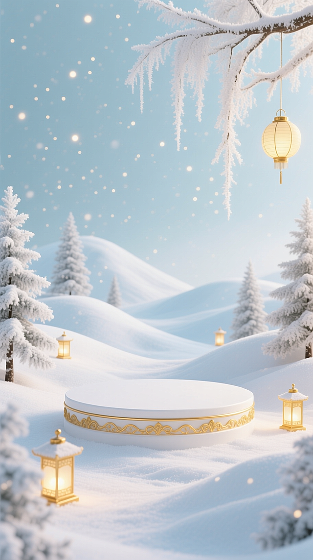 梦幻雪境，3D轻拟物风，鎏金灯笼点缀虚拟自然，粒子飘雪营造唯美感与温馨氛围，节日气息盎然。