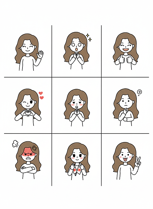 可爱感插画风表情包，卡通描边设计，简约emoji风格，展现九种情绪状态，适合节日互动与日常表达。