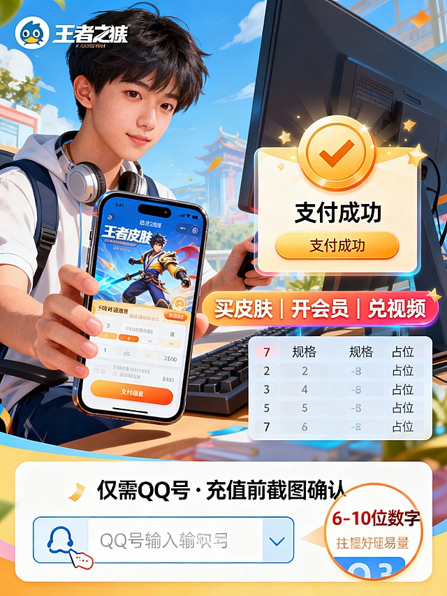 场景化竖图：左侧大学生用QQ买《王者》皮肤，右侧弹出“支付成功”；中间悬浮三大用途：“买皮肤｜开会员｜兑视频”；下方列出7档规格价格占位；底部强调“仅需QQ号 · 充值前截图确认”，配QQ号输入框示意图 + “6-10位数字”放大提示。