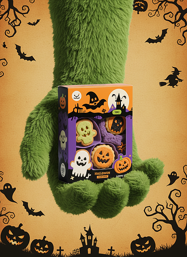 一只绿色毛绒怪物的手托着主体，橙黄色复古纹理背景，边缘点缀黑色剪影风格的万圣节元素：南瓜灯、幽灵、蝙蝠、女巫剪影、城堡和扭曲的树木