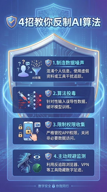 第五张竖版图文，9:16，标题文字为"🛡️ 4招教你反制AI算法"，分四点列出反制方法，文字清晰排版整齐，盾牌保护图形设计，排版精练，保持整体风格统一。预览效果