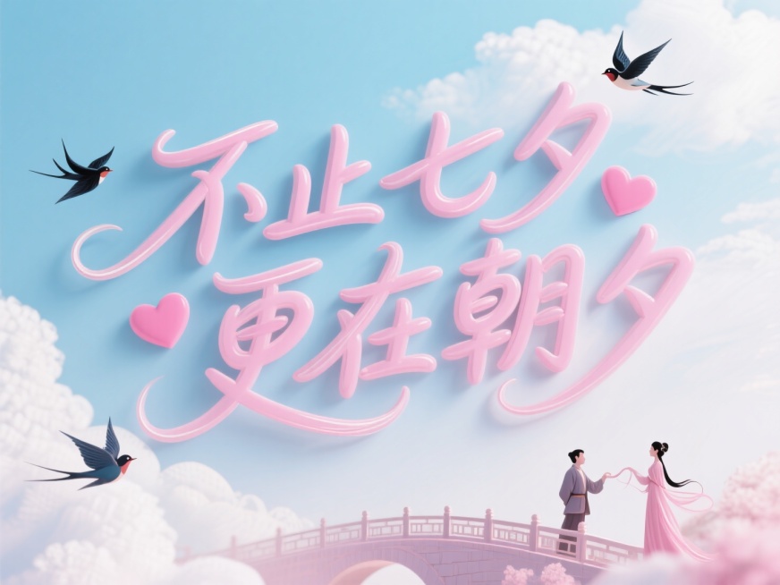 文字“不止七夕 更在朝夕”，文字穿插点缀爱心和喜鹊。高级感，鹊桥相会背景底白字。颜色对比强一些，爱心粉色，文字加点立体感，加牛郎织女，底色加点凹凸材质，文字颜色再粉一点，后面加个浅蓝到白的带凹凸质感的预览效果