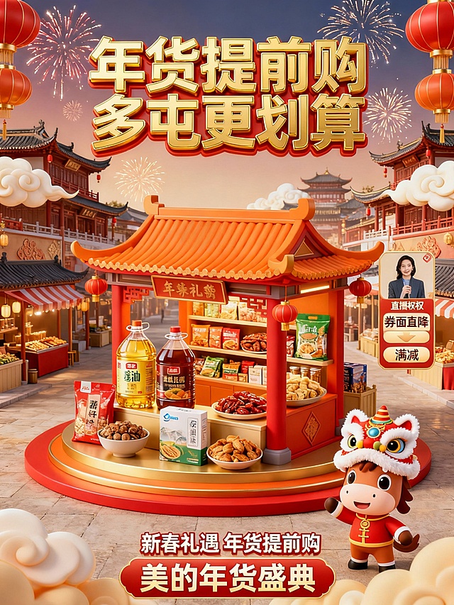 2026 马年年货节促销海报，以正红、暖橙与鎏金为主色调，营造热烈喜庆的囤货氛围。背景为新中式集市建筑，搭配烟花、祥云、灯笼等元素，增强年节氛围感。顶部用鎏金立体字呈现 “年货提前购 多屯更划算”，辅以 “新春礼遇 年货提前购”“美的年货盛典” 等文案，右侧设直播权益栏，标注 “券面直降”“满减” 等福利。画面中心是 3D 新中式店铺造型，周围陈列粮油、零食等年货商品，右下角是卡通马年 IP 形象，身着醒狮帽传递热闹氛围。整体采用 3D 立体与新中式元素结合的风格，融合促销信息、生肖元素与年俗氛围，风格醒目活泼，适合作为品牌年货节的引流宣传海报。