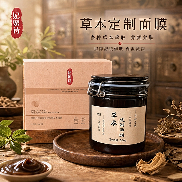 [主图-1] 首图品牌调性，展示妃蜜诗草本定制面膜罐装产品与外盒套装，突出中药草本养颜养肤的高级质感。
[统一基调] 中药草本风格，古朴雅致不花哨，整体背景偏中药房古朴氛围，主色调为深棕、米黄、赭石、草木绿点缀；主标题字体为干净宋体/细衬线体，深棕色字；辅助文字为同色系小号字体；强调色用朱砂红点缀品牌标识；整体高级、沉静、有东方草本养肤意境。
[画面] 画面中央偏右放置深棕色玻璃罐装草本定制面膜（带金属卡扣盖、米黄色标签，标签文字与原图一致），左后方放置同系列外盒包装（浅棕纸质盒，红色印章式品牌标）。产品置于古朴圆形木质托盘上，托盘有自然木纹。背景为虚化的中式中药柜/药抽屉格，暖黄柔光从左上方洒下，营造静谧养肤氛围。周围散落少量干草本植物（如艾草、当归、甘草等干枯草本枝叶）、一小碟深褐色膏体、古朴陶碗，点缀少量绿色新鲜叶片，体现多种草本萃取。左上角放置妃蜜诗品牌Logo（红色印章样式）。产品占画面约65%，完整不切割。
[光影质感] 商业静物摄影质感，柔和侧逆光，产品玻璃罐有自然高光反射，木质托盘有真实接触阴影，背景虚化层次分明，整体暖色调温润。
[配色] 深棕色、米黄色、赭石色为主，草木绿、朱砂红点缀，整体古朴沉稳。
[文字版式] 画面右侧或上方留白处放置主标题大字「草本定制面膜」，下方小字副标题「多种草本萃取 养颜养肤」，再下方一行更小字「屏障舒缓修肤 保湿滋润」。文字不遮挡产品主体，放在负空间。字体为细衬线宋体，深棕色，标题最大，辅助文字缩小50%以上。
[输出要求] 1:1正方形比例，文字清晰可读，产品清晰不变形，无错字，无水印，无平台Logo，无多余杂乱元素，不使用医疗化夸张表达，禁用「温和」二字。负向：产品变形、标签错字、玻璃罐失真、悬浮、穿模、背景花哨、现代感过强、出现医疗器具或药品包装。