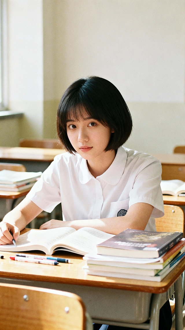 背景是教室白天，女学生，短发