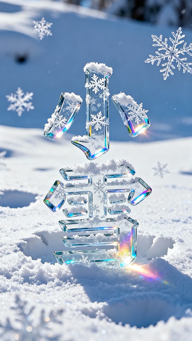 清透玻璃质感的“小雪”二字立于雪地，3D重拟物设计融合光影折射与雪花元素，虚实交织，梦幻唯美的冬日节气视觉。