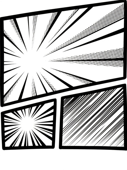 黑白漫画风格分镜边框，白色背景，上方大格为放射状速度线搭配网点纸纹理，左下角小格为纯放射状速度线，右下角小格为密集平行排线纹理，所有边框线条为黑色实线，线条粗细均匀，整体构图呈不规则三格分割，保持漫画分镜的动态张力与经典黑白印刷质感。预览效果