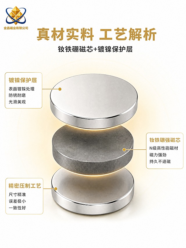 [商品] 圆形钕铁硼强磁片（镀镍亮银色），单颗大尺寸放大展示；商品处理：保留圆形薄片状结构、镀镍表面、真实金属质感和颜色，仅轻微去尘，不磨皮不改色。
[画面] 目标：材质工艺解析，证明钕铁硼磁芯+镀镍保护层双层结构。构图：居中产品剖面/分层展示图，镀镍层与磁芯分离展示，左右两侧配引线标注。主体占画面50%居中，层间有柔和金色光晕分隔。阅读动线：顶部标题→中间分层图→左右标注。背景：纯白底+径向柔和金色光晕。左上角放金鑫磁业Logo。
[视觉] 套系策略：风格=白金轻奢高端商业摄影；标题字=思源黑体Heavy；正文字=思源黑体Regular；主色=纯净白(#FFFFFF)；背景延展=纯白底+中心径向金色柔光+细微浅金网格；强调色=香槟金(#C9A961)；标题色=香槟金；正文色=深炭灰(#333333)；组件=金色引线+圆点、白金结构标签卡；光影=正面均匀柔光，每层底部柔和投影。
[文字] 顶部主标题「真材实料 工艺解析」（8字，金色大字），副标题「钕铁硼磁芯+镀镍保护层」（11字，深灰小字）。结构金色引线标注：1.「镀镍保护层」表面镀镍处理 防锈耐磨 光滑美观 2.「钕铁硼强磁芯」N级高性能磁材 磁力强劲 持久不退磁 3.「精密压制工艺」尺寸精准 误差极小 一致性好。左右分布，不遮挡产品。左上角放金鑫磁业Logo。
[规格] 图片比例3:4竖版，4K分辨率，medium质量，负向：变形、错字、文字过小、产品结构改变、颜色失真、过度美化、黑底、冷蓝色调、暗调、虚构内部结构。