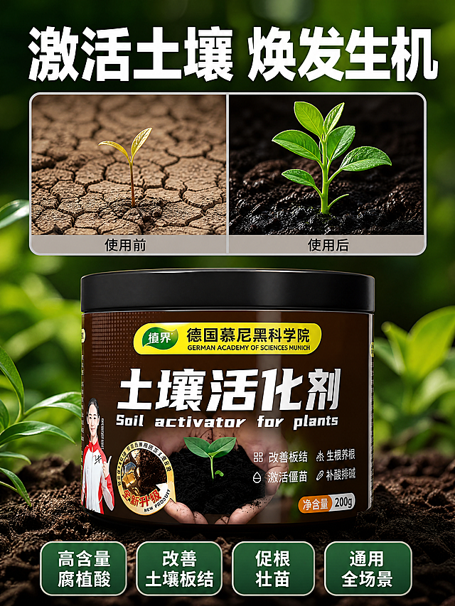 [主图-5] 土壤活化剂效果背书总结图。
[氛围风格] 真实效果对比，促进下单转化；
[画质] 商业摄影质感、光线柔和通透、产品清晰真实、画面干净高级。
[元素] 产品罐居中放大展示，保持产品外观（即物理结构、材质质感、颜色）与输入参考图保持绝对一致，杜绝任何变形和色差，精细化处理。产品上方是使用前后对比画中画：左侧是板结贫瘠土壤中瘦弱的幼苗，右侧是使用后肥沃土壤中茂盛健壮的植株，直观展示效果。产品下方分四列排列核心优势标签，每个标签短句清晰。
[光影] 中心打光，突出产品和对比效果，明暗清晰，细节可见。
[配色] 背景自然深绿色，产品深棕色，对比框浅灰色调，文字深色背景白色，对比清晰。
[视角构图] 上对比、中产品、下卖点的三层构图，主体居中突出，层次分明。
[文字版式] 顶部大字标题"激活土壤 焕发生机"，白色加粗。对比图下方标注"使用前 / 使用后"。底部四个标签分别写：高含量腐植酸 改善土壤板结 促根壮苗 通用全场景，深绿底白字，整齐排列。整体信息完整，收尾促进下单。
[比例分辨率] 3:4 比例，4k 分辨率；文字清晰锐利，画面超高清。
[负向提示词] 变形，水印，文字错乱，产品图模糊，背景杂乱，文字遮挡主体