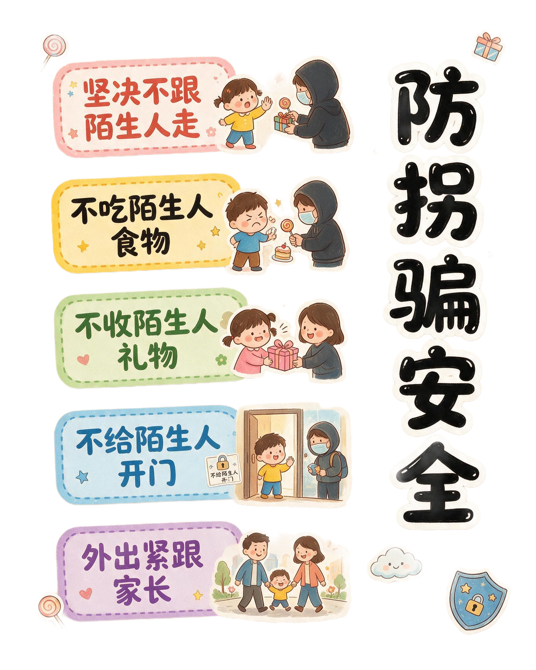 竖版儿童防拐骗安全科普海报，浅米色牛皮纸质感底色，外围白色虚线… - 图片创意预览